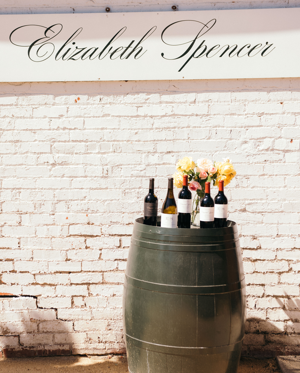 Elizabeth Spencer Wine on Barrel Outside the Rutherford Tasting Room