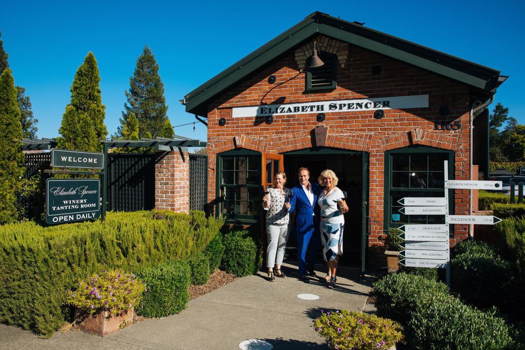 Heidi Barrett, Sarah V, and Jean-Charles Boisset in Front of the Elizabeth Spencer Tasting Room in Rutherford